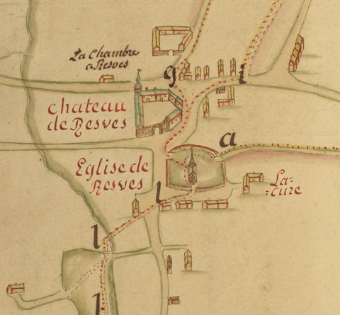 Géomètre Dusart (1763). Notons le portail qui fait face à l’église, contrairement à ce qu’il en était au siècle précédent (mais peut-on se fier complètement à la représentation faite par J. Harrewyn ?)